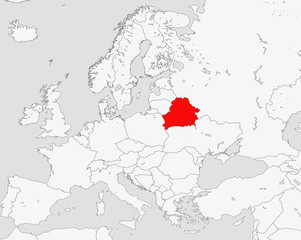 Belarus  on Europe map. 
red color country. black and white background