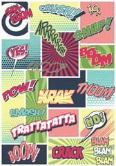 Fototapeta na wymiar Comic Book Page Style Pattern, Onomatopoeia Sounds, Abstract Backgrounds
