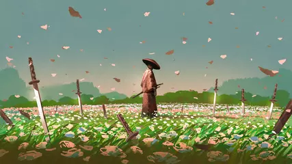 Crédence de cuisine en verre imprimé Grand échec samouraï debout parmi les épées empalées au sol dans les champs de fleurs, style art numérique, peinture d& 39 illustration