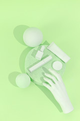 Minimal aesthetic still life monochrome design. Aqua menthe trends. Abstraction geometry and cosmetic