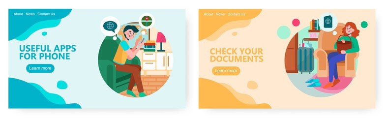 Man using mobile phone apps. Woman check documents before going to trip. Travel preparations concept illustration. Vector web site design template