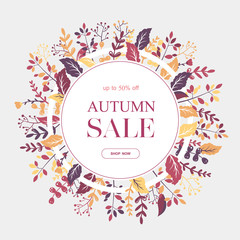Obraz premium Autumn sale vector round banner with colorful leaves, branches and flowers on grey background. Design for advertising, promotion, flyer, invitation,card, poster, website
