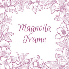 Fototapeta na wymiar Floral pink romantic magnolia frame. Template for wedding, for birthday invitation.