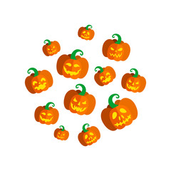 Carved pumpkins for Halloween party. Round print with spooky Halloween pumpkins. Vector illustration in flat style