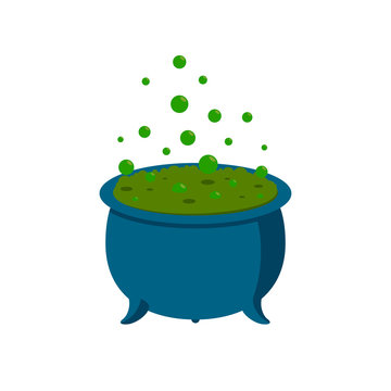 Spooky witch cauldron with green poison and bubbles. Big Halloween pot. Vector illustration for Halloween party.