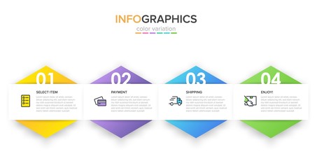 Concept of shopping process with 4 successive steps. Four colorful graphic elements. Timeline design for brochure, presentation, web site. Infographic design layout.