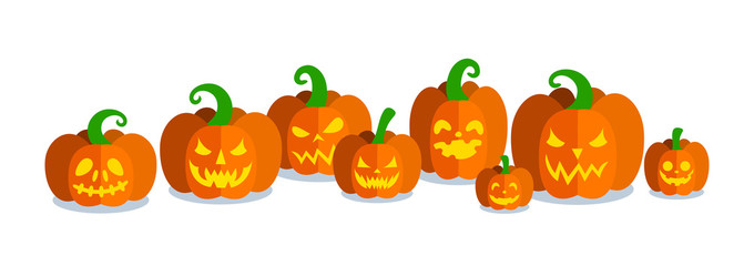 Horizontal banner with Halloween pumpkins with carved faces. Flat vector illustration for Halloween party.