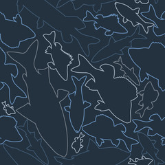 Seamless pattern from a colored contour of fish on a dark blue backdrop.