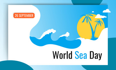 26 September World sea day. Sea wave blue background with palm tree, sun and empty place for text.  World oceans day poster, banner, flyer. Vector illustration.
