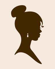Female silhouette with jewelry in the ears. Profile of a cute girl, vintage cameo. Black Afro girl with a beautiful hairstyle. Vector illustration in brown, old sepia
