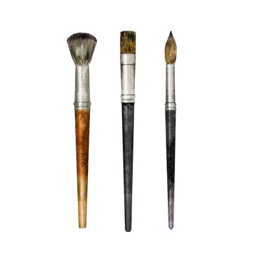 Watercolor set of brush isolated on white. Hand drawn painting tool for artist or make up application. Illustration of art supply. Drawing material for creative, school design, craft and hobby.