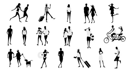 Vector material: summer people silhouettes, couples, people set