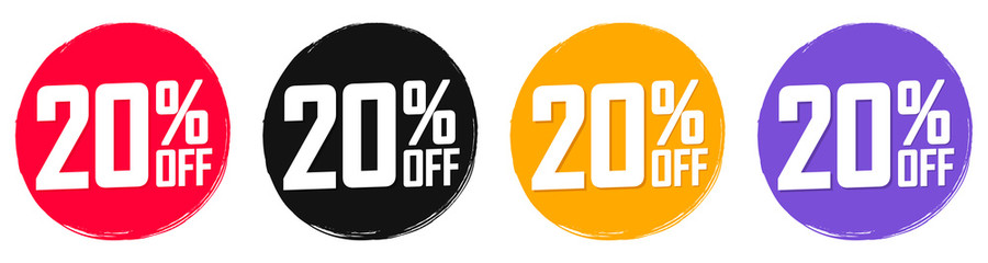 Set Sale 20% off banners, discount tags design template, extra promo, brush grunge, app icons, vector illustration