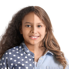 Comparison portrait of African-American and Caucasian girls on white background. Stop racism