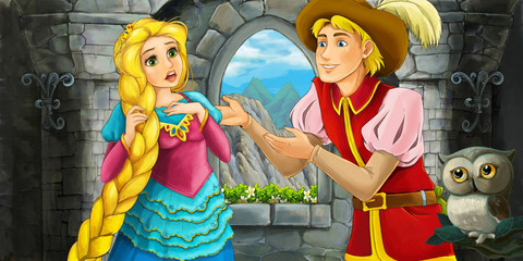 Obraz na płótnie Canvas cartoon scene with owl with prince in the castle tower with princess