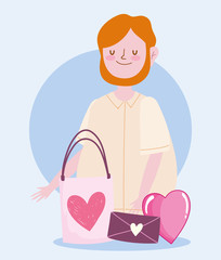 man with gift love mail envelope romantic hearts cartoon design