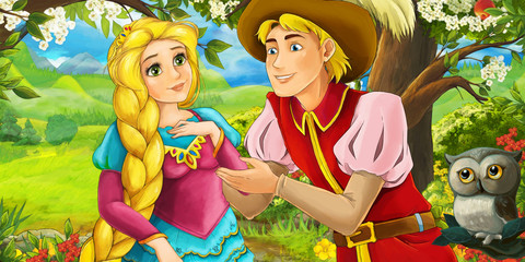 Obraz na płótnie Canvas cartoon scene with owl with prince and princess in the farm orchard