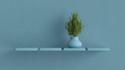 3d render of background with geometry and shelves. Minimal interior piece. Soft shadows.  Plant in vase.