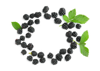 Frame made of ripe tasty blackberry on white background