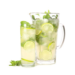 Glassware of fresh mojito on white background