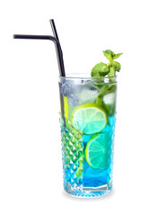 Glass of tasty blue mojito cocktail on white background