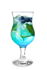 Glass of tasty blue mojito cocktail on white background