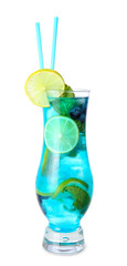 Glass of tasty blue mojito cocktail on white background