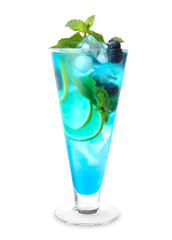 Glass of tasty blue mojito cocktail on white background