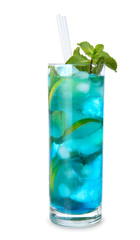 Glass of tasty blue mojito cocktail on white background