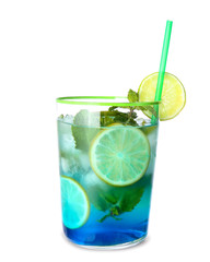Glass of tasty blue mojito cocktail on white background