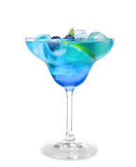 Glass of tasty blue mojito cocktail on white background