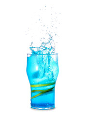 Glass of tasty blue mojito cocktail with splashes on white background