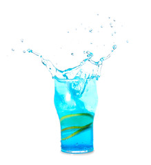 Glass of tasty blue mojito cocktail with splashes on white background
