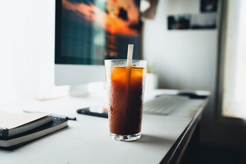 Black coffee in a glass in front of your desk,Coffee in the house