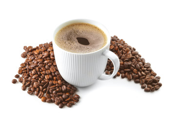 Cup of hot coffee and beans on white background