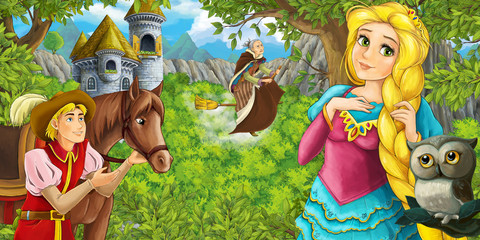 cartoon scene with owl with princess owl in the forest near castle tower