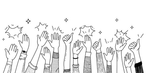 hand drawn of hands up, clapping ovation. applause, thumbs up gesture on doodle style , vector illustration