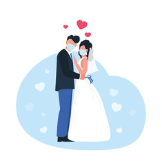 Wedding couple wearing face masks. Vector illustration