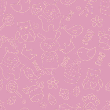 cute animal outlines - hares, birds, crown, sweets for princess, vector seamless pattern on pink background