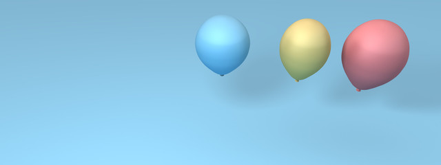 Blue, yellow and red balloons on a light blue background. Balls in pastel colors. Illustration. 3D rendering. Banner.