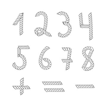 Rope hand drawn Numbers from 1 to 8, Number set Vector illustration in flat, cartoon style isolated from the white background