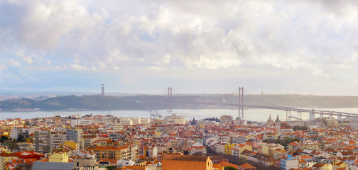 Panorama aerial bridge Lisbon Portugal