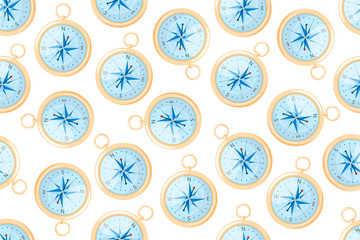 Seamless pattern of gold compass on white background. Compass illustration in flat style. Vector icon.