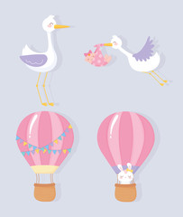 baby shower, cute stork little girl hot air balloon rabbit welcome newborn celebration icons