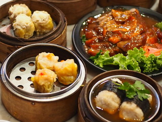 Group of steamed dumpling, Dim Sum, Chinese food brunch with Chinese style roasted duck.