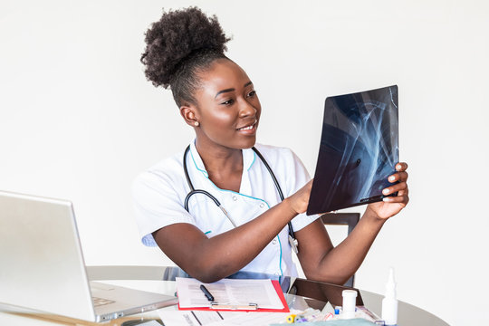 X-ray film image with woman black doctor for medical and radiological diagnosis patient’s health on disease and bone cancer illness, healthcare hospital service concept
