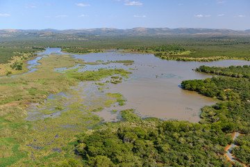 Aerial view of Nsumo Pan at Mkhuze (Mkuse or Mkusi) Game Reserve. Isimangaliso Wetland Park.  KwaZulu Natal. South Africa.