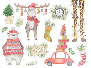 Watercolor Christmas decor set with moose, polar bear, giraffe legs, car with presents, pine tree, clock, letter and socks. Hand drawn illustration