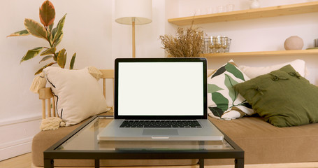 Copy space template - close up shot of modern laptop with chroma key green set up for work in...