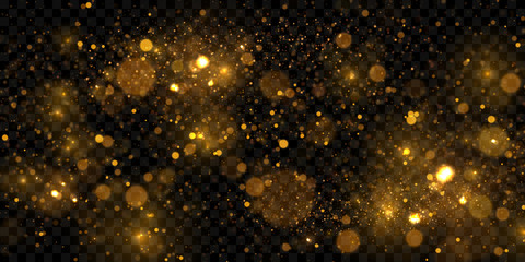 Glowing golden bokeh lights effect , sparkling particles isolated on dark transparent background	